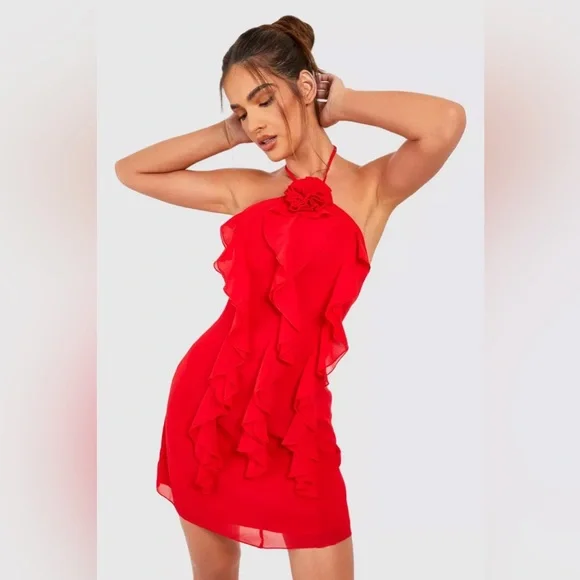 open lace back dress Rosette Halter Mini